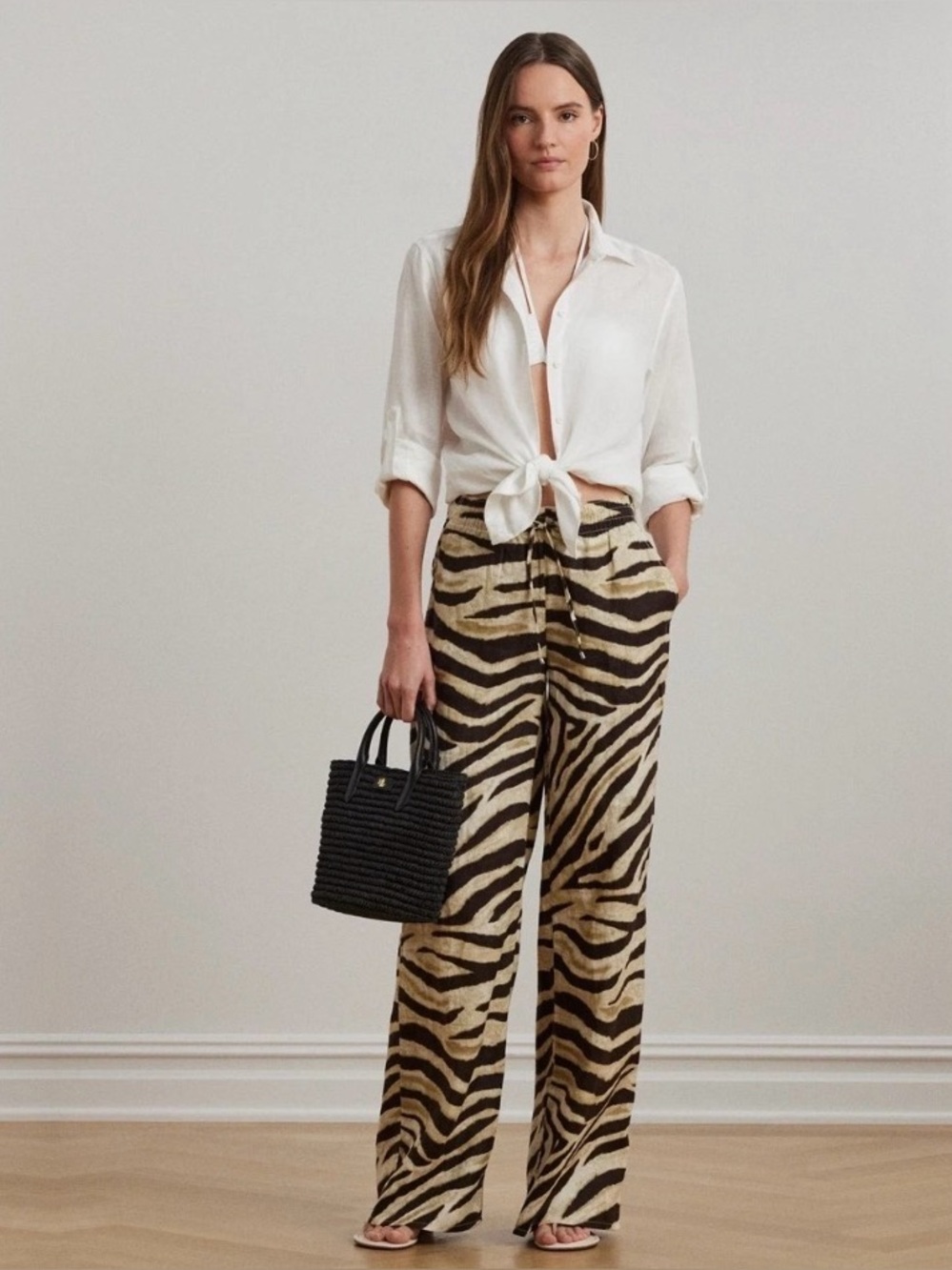 Ralph Lauren Wide-Leg Zebra Print Drawstring Pants - Cream & Black Size 3XL